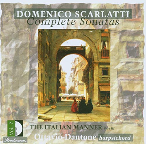 CD cover featuring an arched courtyard scene with people seated, titled "Domenico Scarlatti".