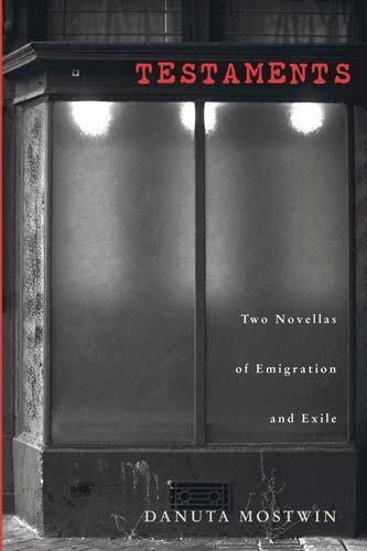 Book cover: "Testaments" by Danuta Mostwin, dark urban scene.