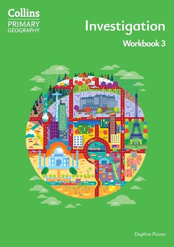 Collins Primary Geography Investigation Workbook 3 cover featuring a circular illustration of world landmarks.