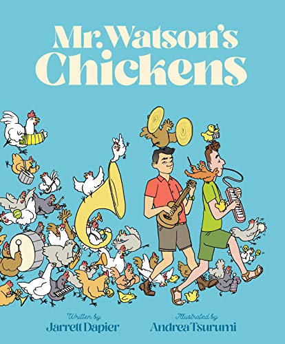 Book cover: boy with chickens and musical instruments, cartoon style.