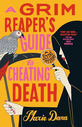 Book cover: hooded figure, parrot, magnifying glass, bold yellow and pink text.