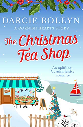 Book cover featuring a snowy tea shop, a Christmas tree, and a sailboat.