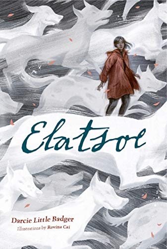 Book cover with a girl in a red coat surrounded by ghostly dogs.
