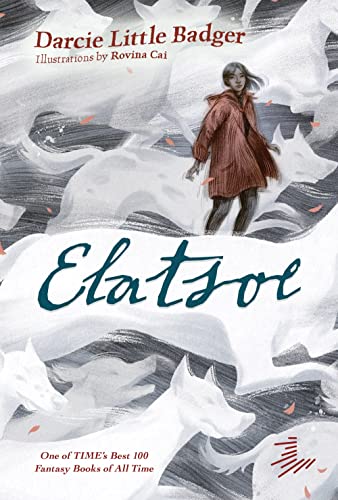 Book cover featuring a girl in a red coat surrounded by ghostly white wolves.