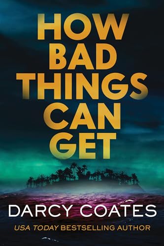 Book cover with gold title text over a dark, tropical island scene.
