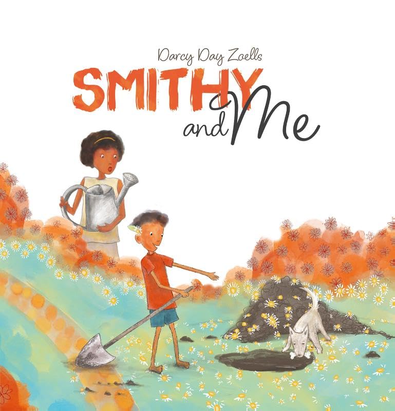 Book cover: two children gardening with a dog amidst flowers.