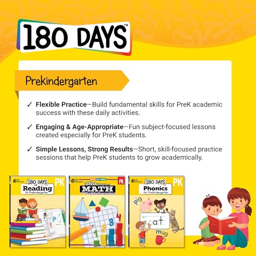 Bright yellow cover of "180 Days: Math for Prekindergarten" workbook.