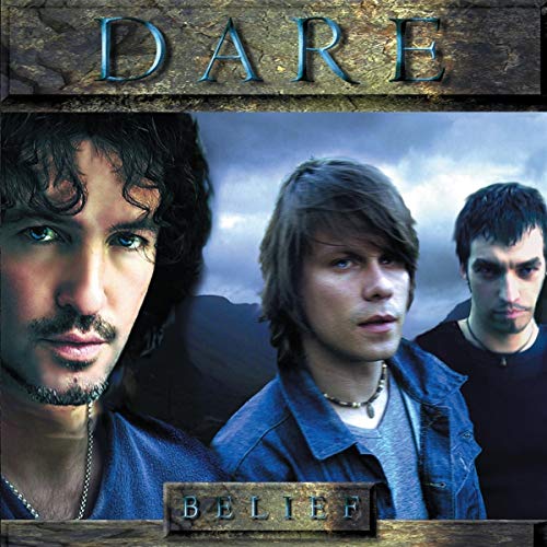 CD cover for Dare’s “Belief” featuring three young men’s portraits.