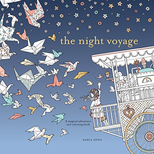 A girl on an ornate carriage surrounded by flying origami birds under a starry sky.