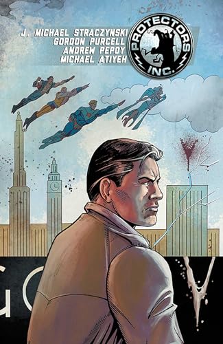 A man in a jacket looks toward a city skyline with superheroes flying above.