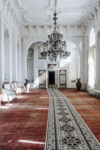 Ornate interior with a large chandelier, patterned rug, and arched doorways.