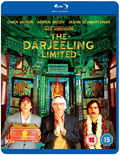 The Darjeeling Limited" Blu-ray cover featuring three men in front of a doorway.