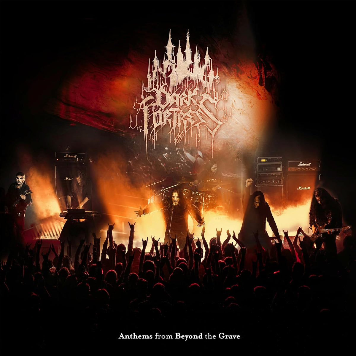 Dark Fortress band performing live on stage with raised hands.