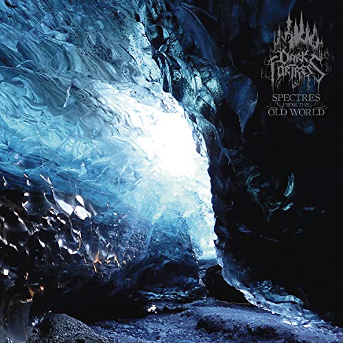 "Dark Fortress album cover featuring a dark cave with ice and light."
