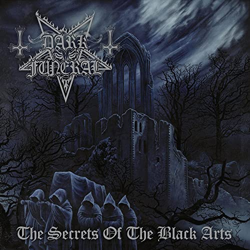 Dark Funeral album cover: gothic ruins, hooded figures, stormy sky, band logo.