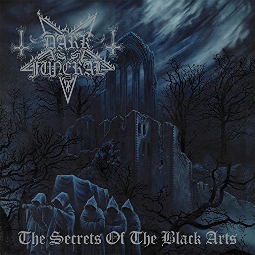 Dark Funeral album cover: gothic castle, hooded figures, stormy sky.