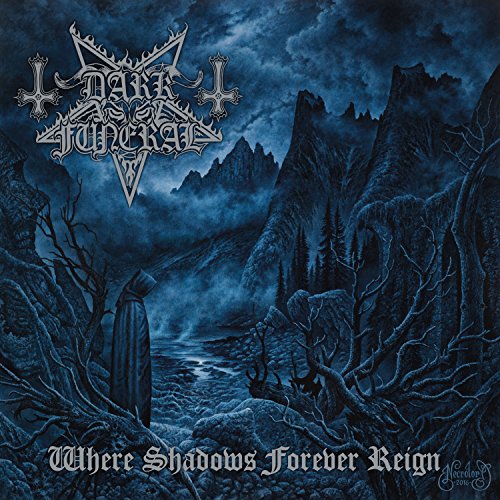 "Album cover art: dark, gothic landscape with a hooded figure and twisted trees."
