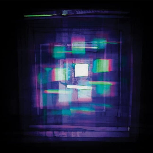 Abstract vinyl record cover with layered purple, green, and white shapes.