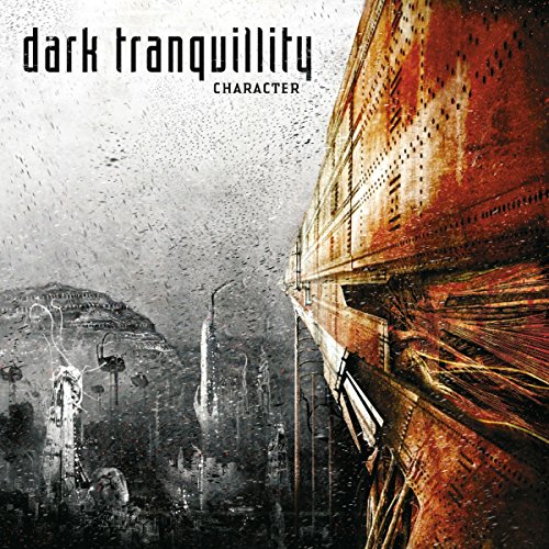 Dark Tranquillity “Character” CD cover: dystopian cityscape with a large airship.