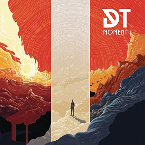"Album cover art for 'Dark Tranquillity - Moment' featuring a person on a cliff."