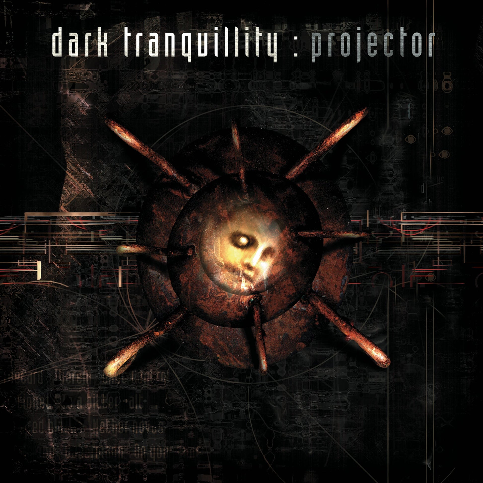 Dark Tranquillity “Projector” vinyl album cover with a metallic face image.