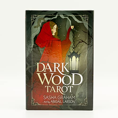 Dark Wood Tarot box with illustration of a figure holding a lantern.