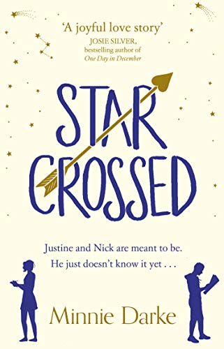 Book cover: "Star-Crossed" with blue text, silhouettes, and a golden arrow.