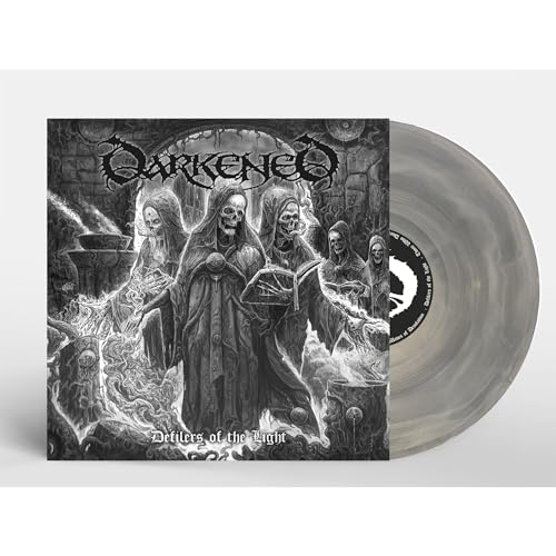 Darkened album cover with spectral figures and accompanying swirl-colored vinyl record.
