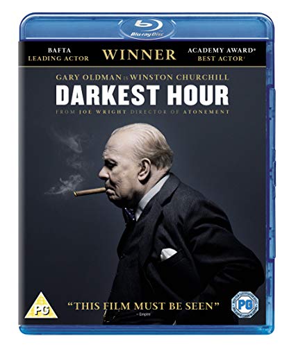 Blu-ray cover for "Darkest Hour" featuring Gary Oldman as Winston Churchill.