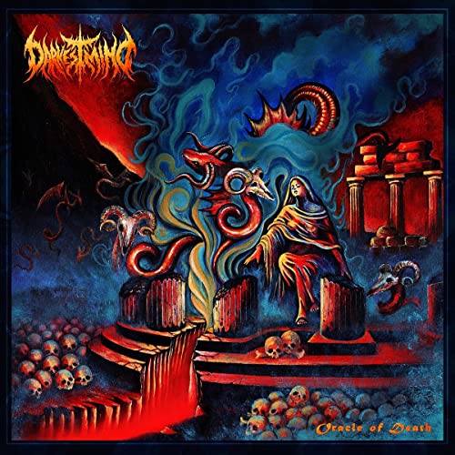 Dark, fantastical album cover with a seated figure, dragons, and skulls.
