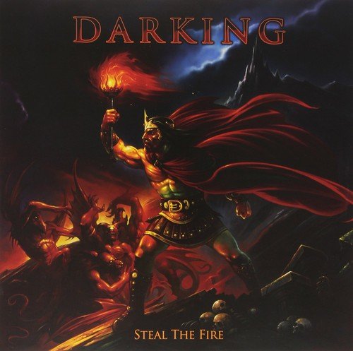 "Album cover art: warrior holding torch, surrounded by flames and skeletons, dark background."