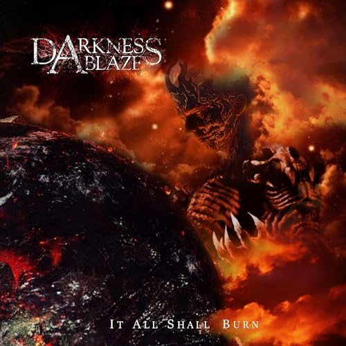 A dark, charred planet sits before a fiery, skeletal figure against a burning background.