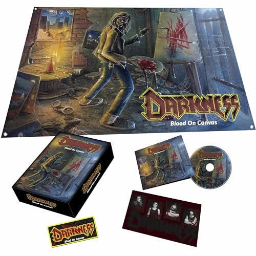 “Darkness” album package with flag, patch, card, CD, and digipak case.