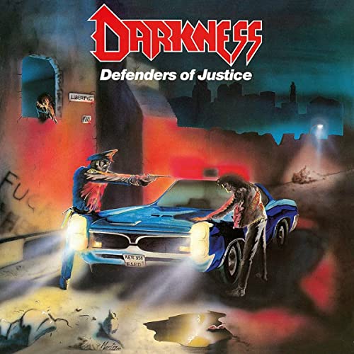 Album cover showing a police officer pointing a gun at a man by a car.