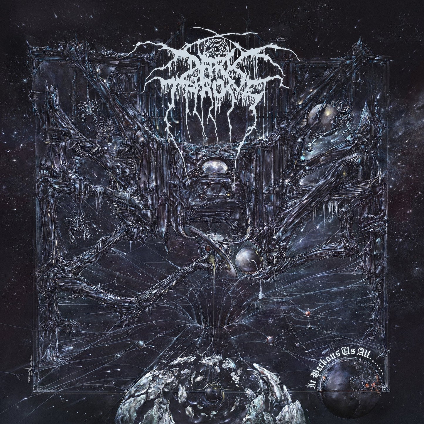 Darkthrone album cover featuring a dark, biomechanical structure floating in a starry space background.