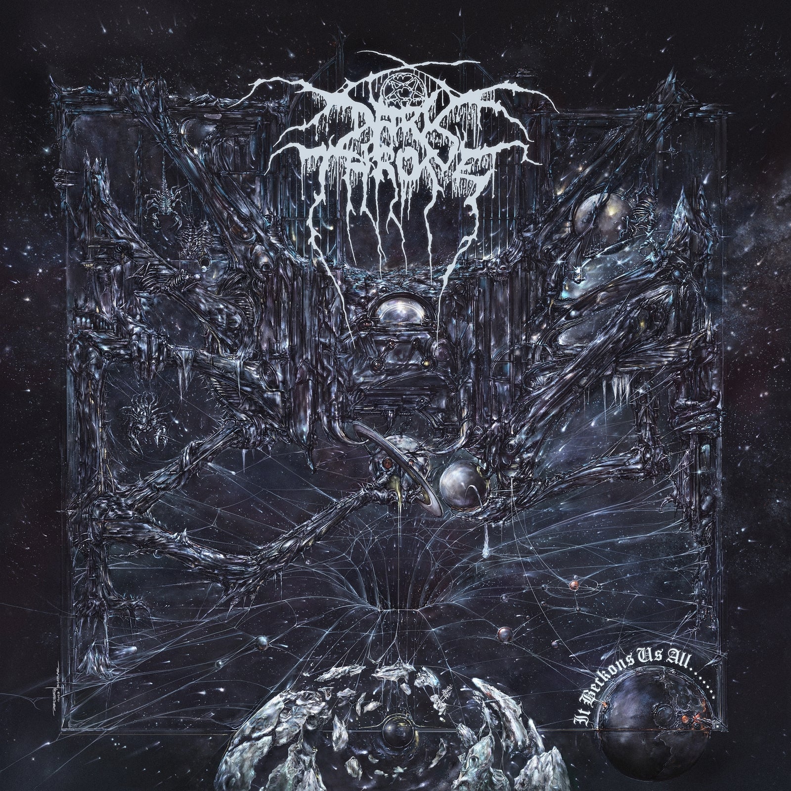 Darkthrone album cover featuring a dark, biomechanical structure floating in a starry space background.