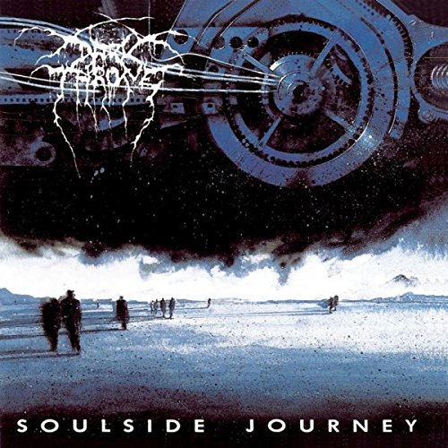 Darkthrone's "Soulside Journey" vinyl album cover featuring a dark, industrial landscape with silhouetted figures.