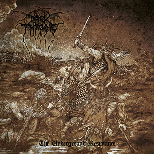 Sepia-toned illustration of Viking warriors in battle with the Darkthrone logo above.