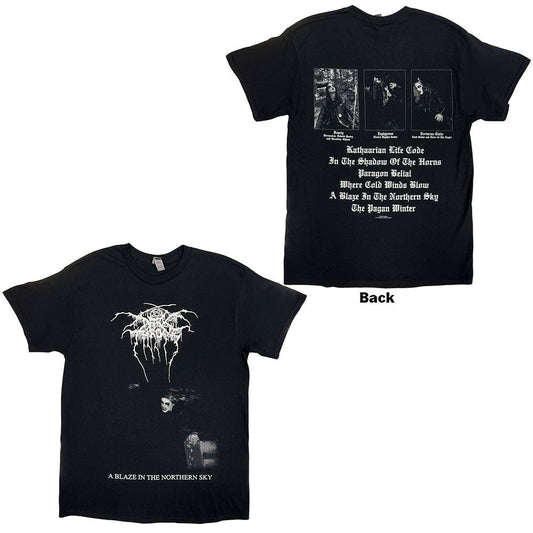 Black t-shirt with Darkthrone band logo and winter landscape design.