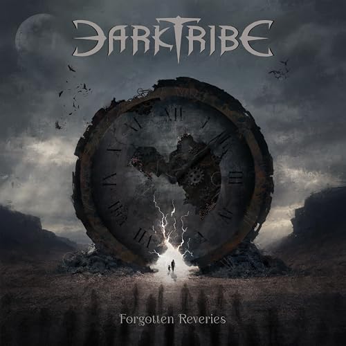 Darktribe album cover: broken clock with stormy sky and distant figures.