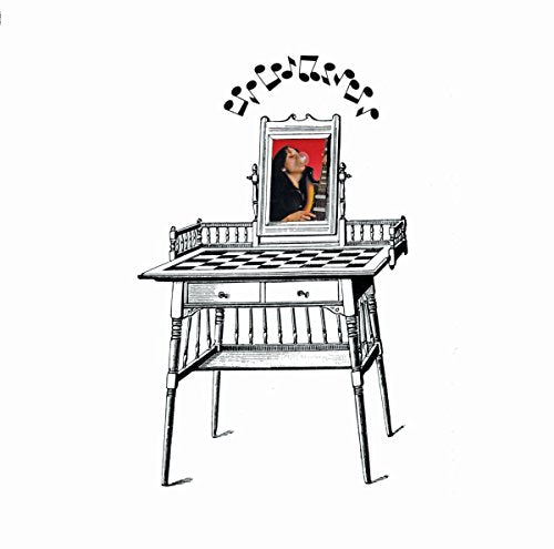 Illustration of a vanity with a framed photo of a woman on a red background.