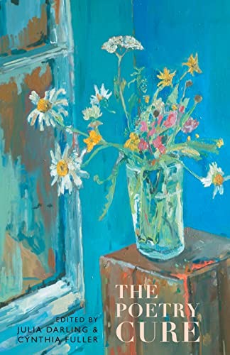 Book cover with painted flowers in a vase by a window.