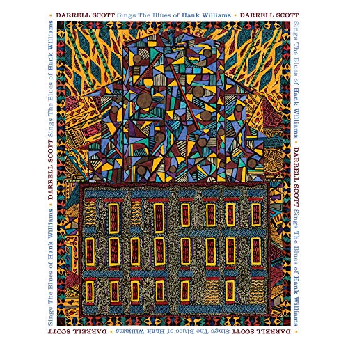 "Album cover with abstract, colorful design featuring a building and geometric patterns."