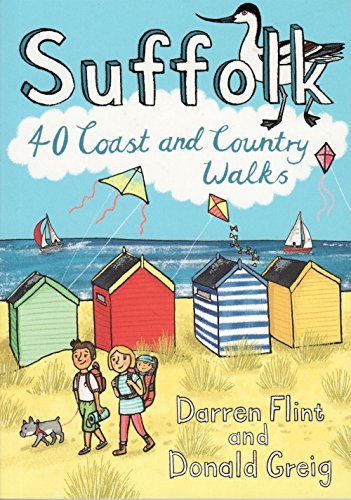 Book cover: "Suffolk" with beach scene, hikers, and a bird illustration.