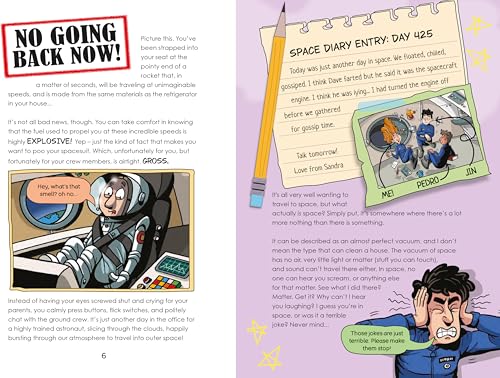 Cartoon book page depicting astronauts in a spaceship, with handwritten notes.