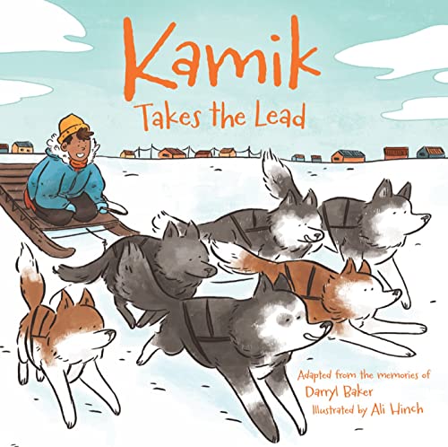 Illustration of a boy on a dogsled with six huskies running in snow.