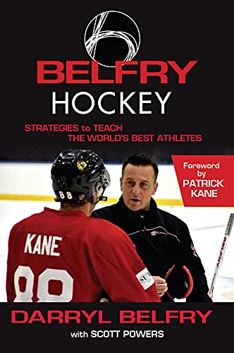Book cover for "Belfry Hockey" featuring a hockey player and coach.