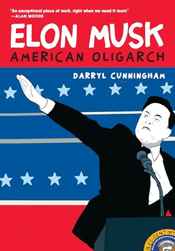Book cover: illustrated Elon Musk at a podium with stars and stripes.