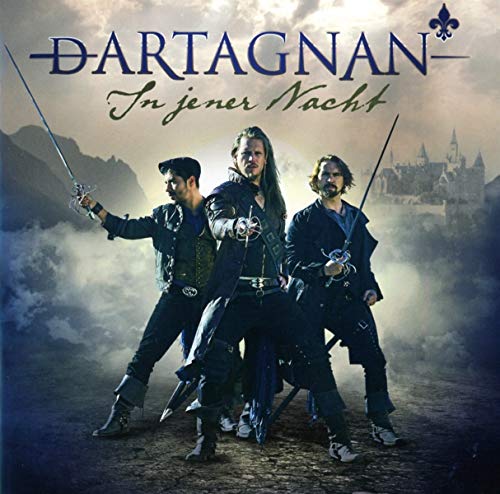 Three men in historical costumes holding swords stand before a castle in misty light.