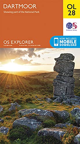 Ordnance Survey Explorer map cover for Dartmoor featuring a rocky landscape at sunset.
